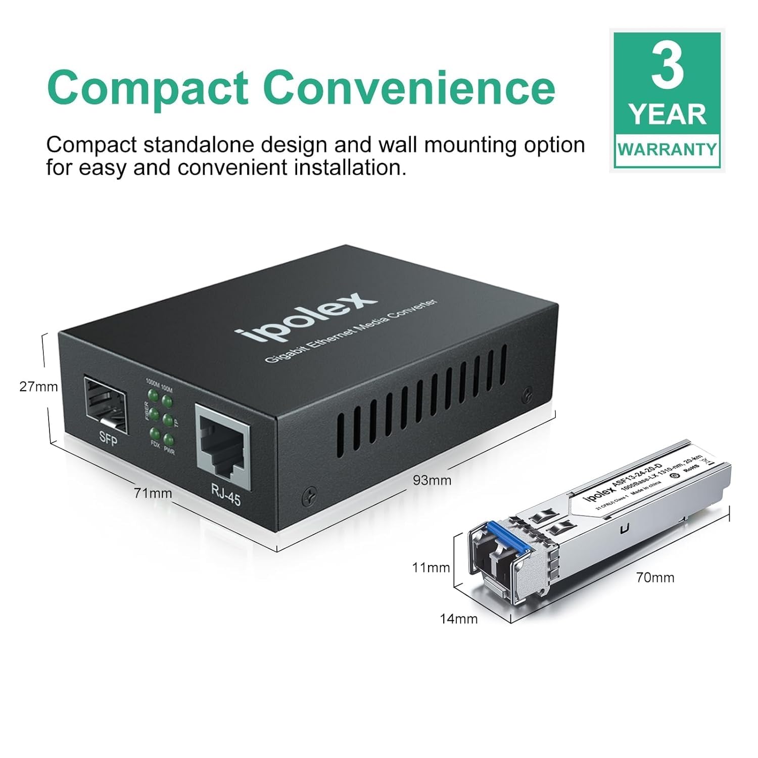 ipolex Convertitore Multimediale Gigabit Ethernet SFP 1,25G Fibra Ottica Modo Singolo LC 1310-nm 20-km