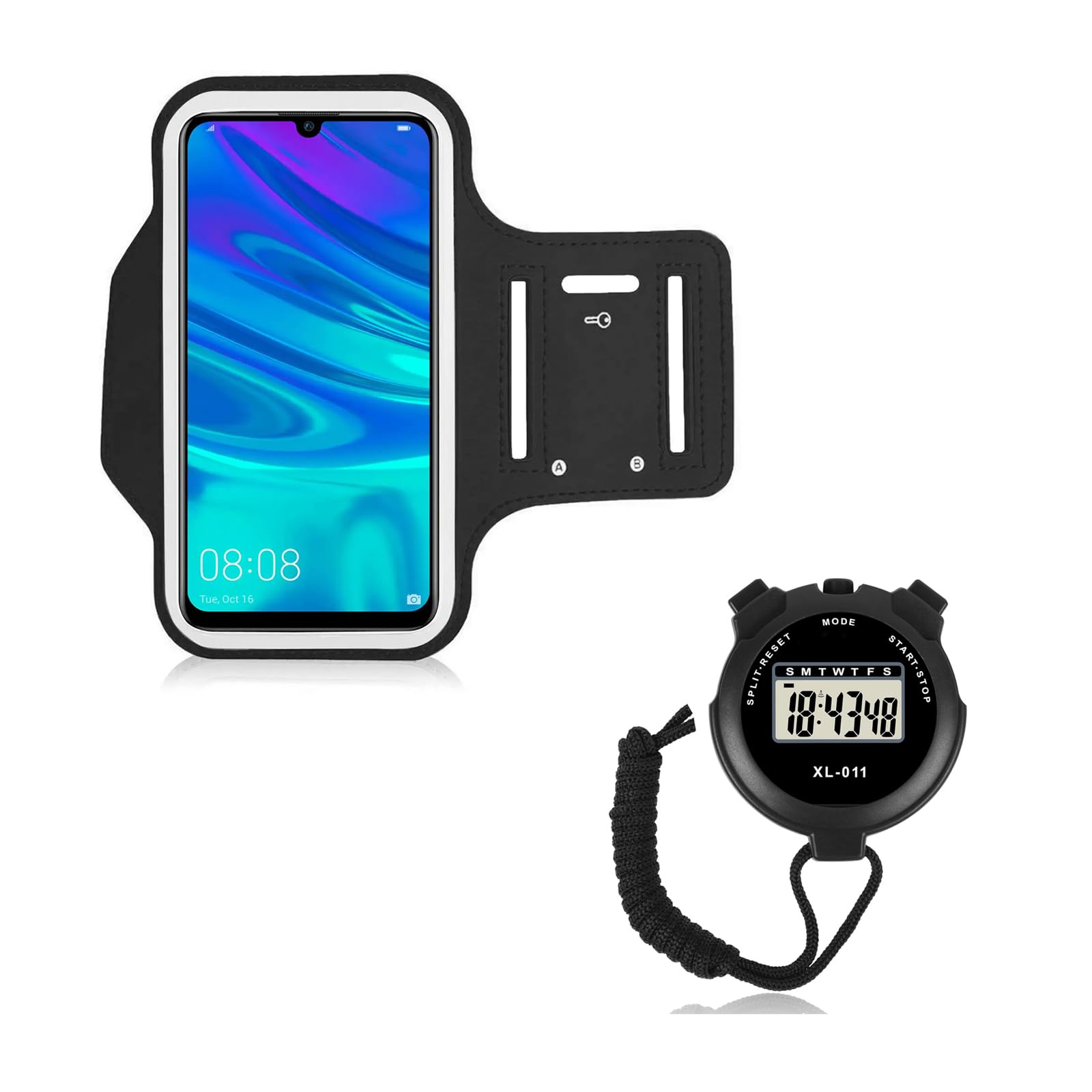 Alileo Fascia braccio running con Cronometro sportivo, Set Fascia braccio per smartphone con Orologio cronometro per conto alla rovescia, ideale per iPhone, Samsung, Xiaomi, Google e altri fino a 6,8"