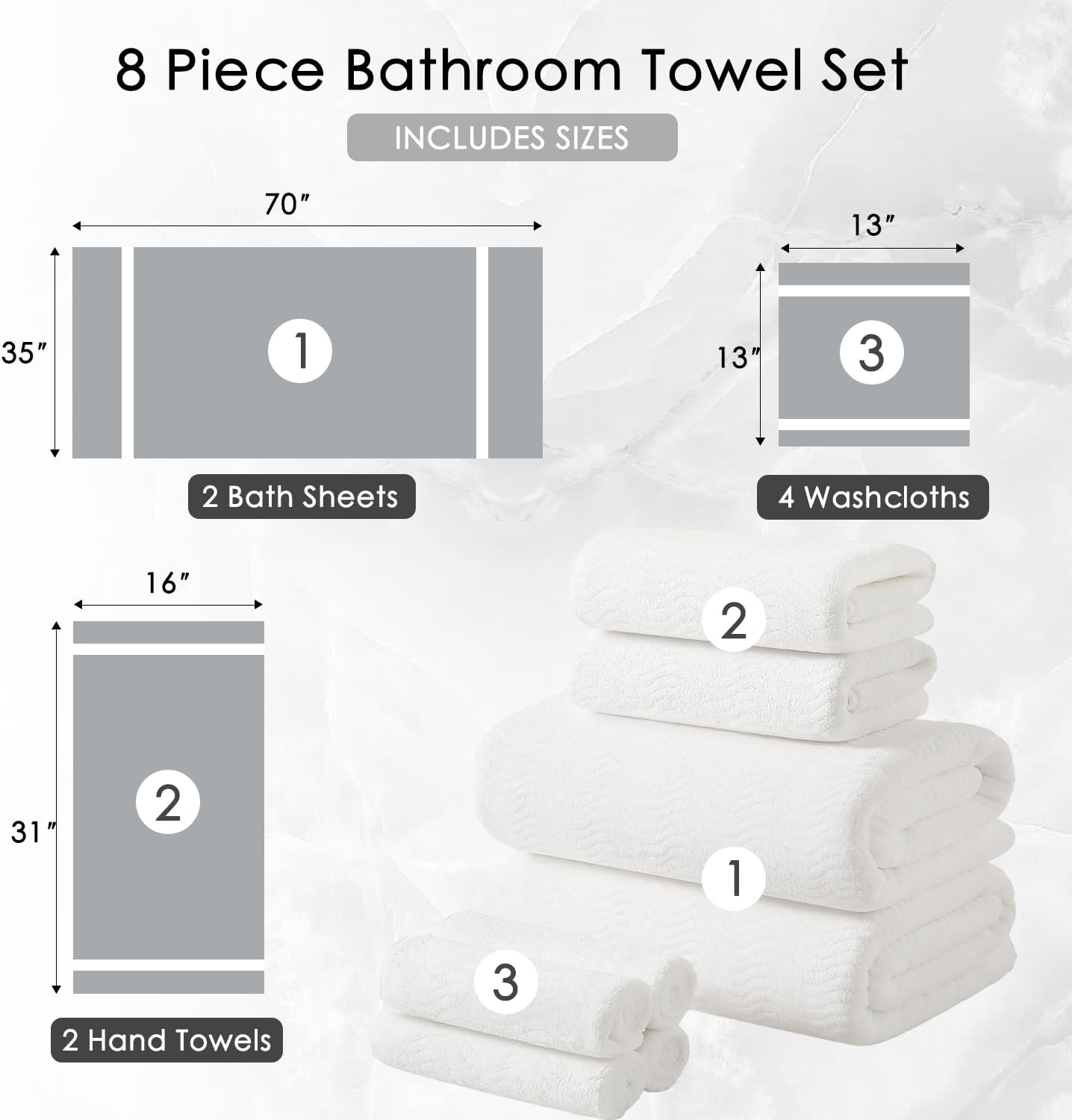 8 Piece Bath Towel Set White|2 Oversized Large Bath Sheet,2 Hand Towels,4 Washcloths| Ultra Soft Cozy Bath Towel Set for Bathroom Hotel Gym Spa,Highly Absorbent & Quick Dry Bathroom Towel Collections - Image 5