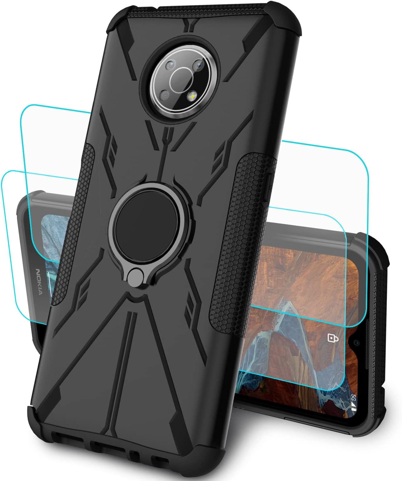 Shockproof Case With Magnetic Ring Holder & Tempered Glass For Nokia G300
