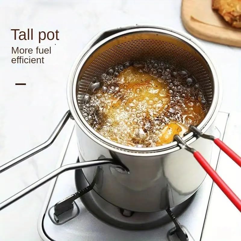 Image of Small Deep Frying Pot with Strainer Basket | 1200ml Stainless Steel Pan with Handle | Ideal for Frying French Fries /Chicken Wings /Shrimp /Fish /Boiling Butter /Sauce /Gravies /Pasta- (1)