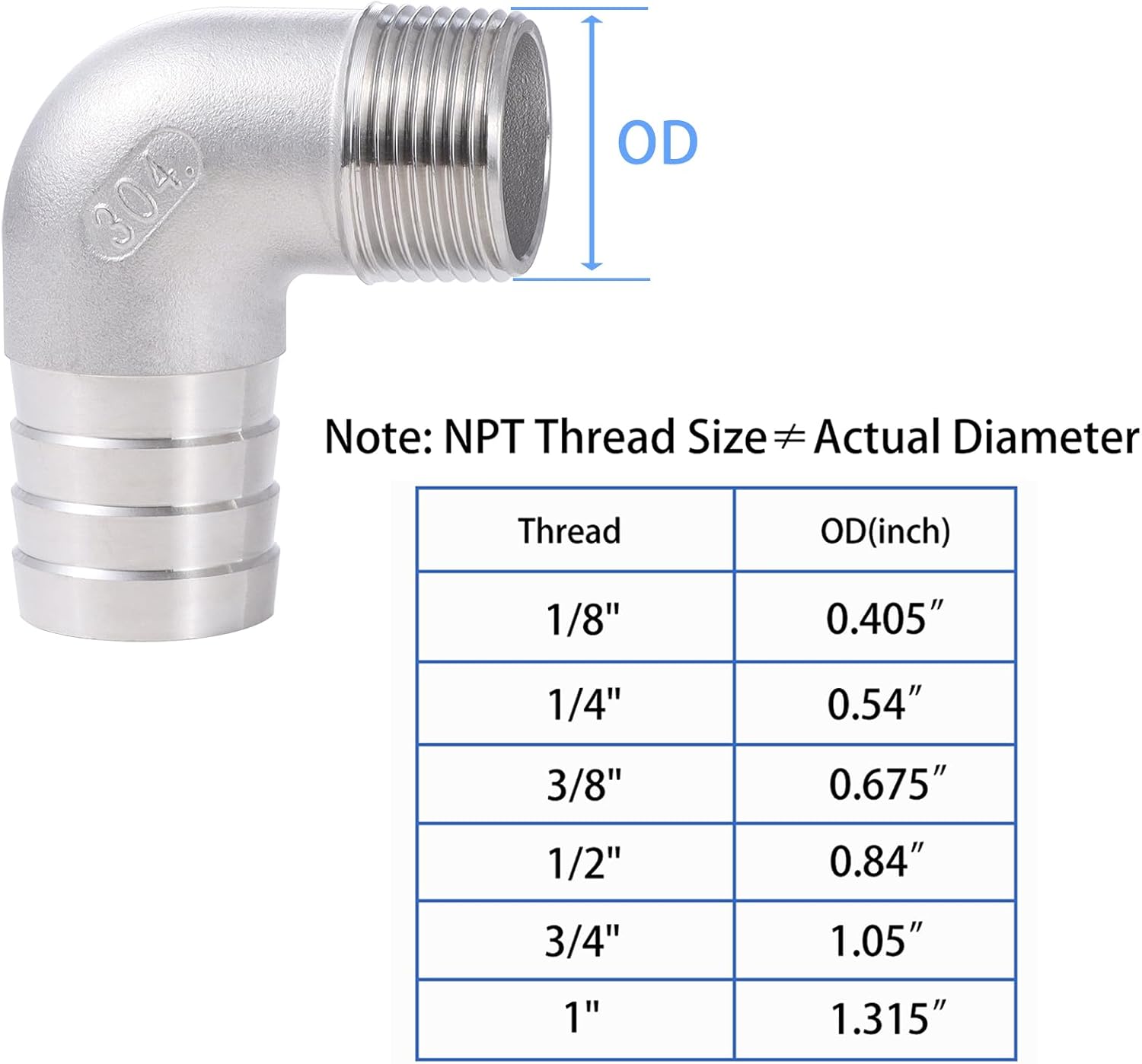 304 Stainless Steel 1-1/4" Hose Barb x 1" Male NPT 90 Degree Elbow for Air WaterFuel Home Brew Pipe Fitting Lead-Free 2 pcs