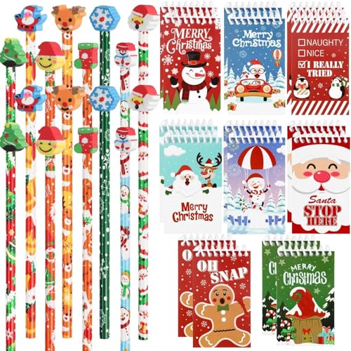 DERAYEE Kit de 32 Fournitures Scolaires Enfant Noel,16PCS Crayons en Bois avec Gomme & 16PCS Mini Blocs-notes Inclus