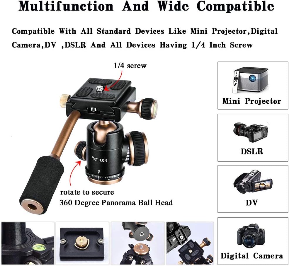 YoTilon Tripod for Camera, Portable Lightweight Travel Camera Tripod for DSLR, 360 Degree SLR Ball Tripods with 1/4 Plate for Canon Nikon Sony, Best Choice for Travel and Work.