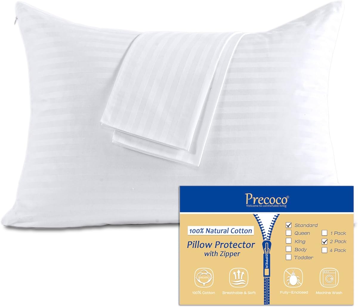 100% Cotton Pillow Protectors with Zipper Standard Size, White Pillow Cases Set of 2 for Home & Hotel, Sateen Soft Cooling Hidden Zippered Pillow Case Protector for Hair & Skin, 20x26 in
