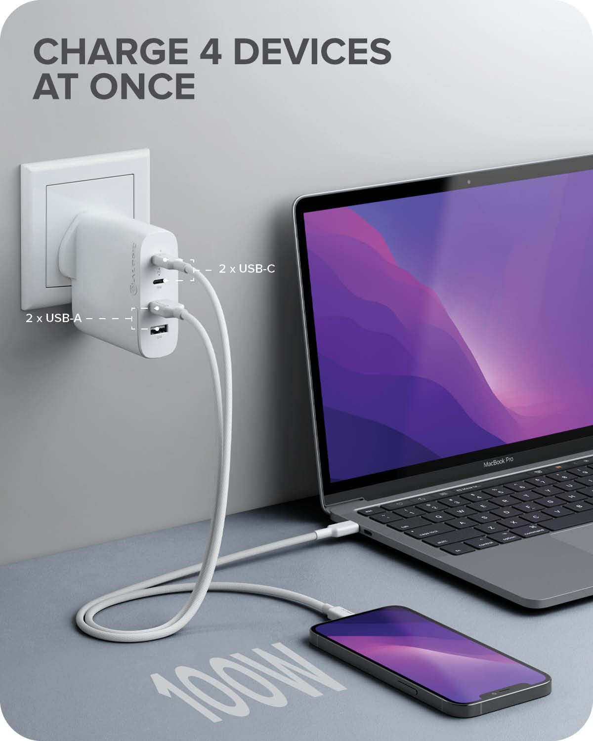 ALOGIC Cargador MacBook Pro, Cargador USB C de 100 W con tecnología GaNFast, Power Delivery 3.0, para MacBook Pro, Air, M1 Mac, XPS, iPad Pro, iPhone 12 Pro, Galaxy etc.