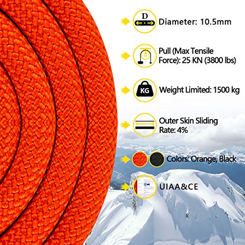 AOLEBA Strong Static Rock Climbing Rope, Tree Climbing Camping Rescue Rope for Outdoor Survival, Hiking, Mountaineering, 10.5mm Diameter, 32 ft (10m)