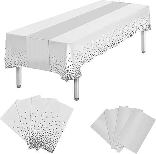 Paquete de 8 manteles de plástico rectangulares desechables y satinados, mantel blanco y plateado, para baby shower, cumpleaños, boda, aniversario,