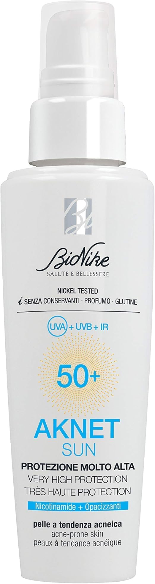 BioNike Aknet - Sun SPF 50+, Fluido Solare Viso per Pelle a Tendenza Acneica, Formula con Polveri Opacizzanti, Resistente all'Acqua e Non Appiccicoso, 50ml