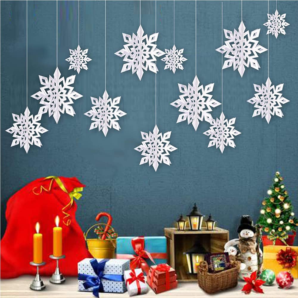 FINGOOO 12 decorazioni 3D a forma di fiocco di neve da appendere con cordino, per Natale, inverno, vacanze, Capodanno, feste, forniture per la casa