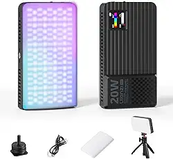 ULANZI Luz de vídeo RGB K20, painel de luz de câmera LED de 20 W para fotografia, 1800-9000K CRI95+ 20 efeitos, iluminação de vídeo portátil recarregável de 3300 mAh para DSLR Sony, Canon, Nikon, Fuji