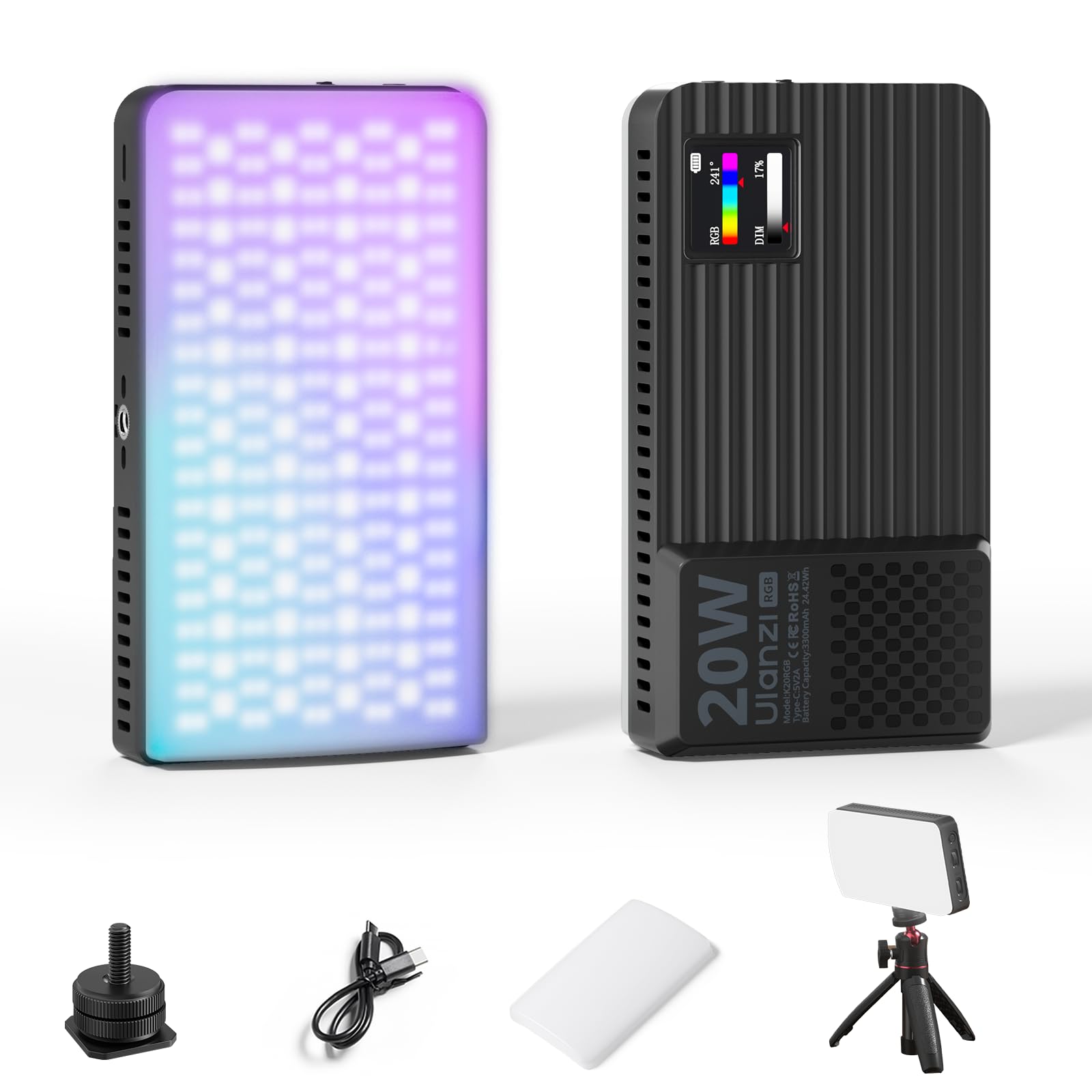 ULANZI K20 Videoleuchte RGB, tragbares 20W Fotolicht LED Kamera Lichtpanel 0–360 Vollfarbe, CRI 95+ 1800K–9000K, wiederaufladbare LED Video Licht mit 3300mAh für Vlogging, Fotografie