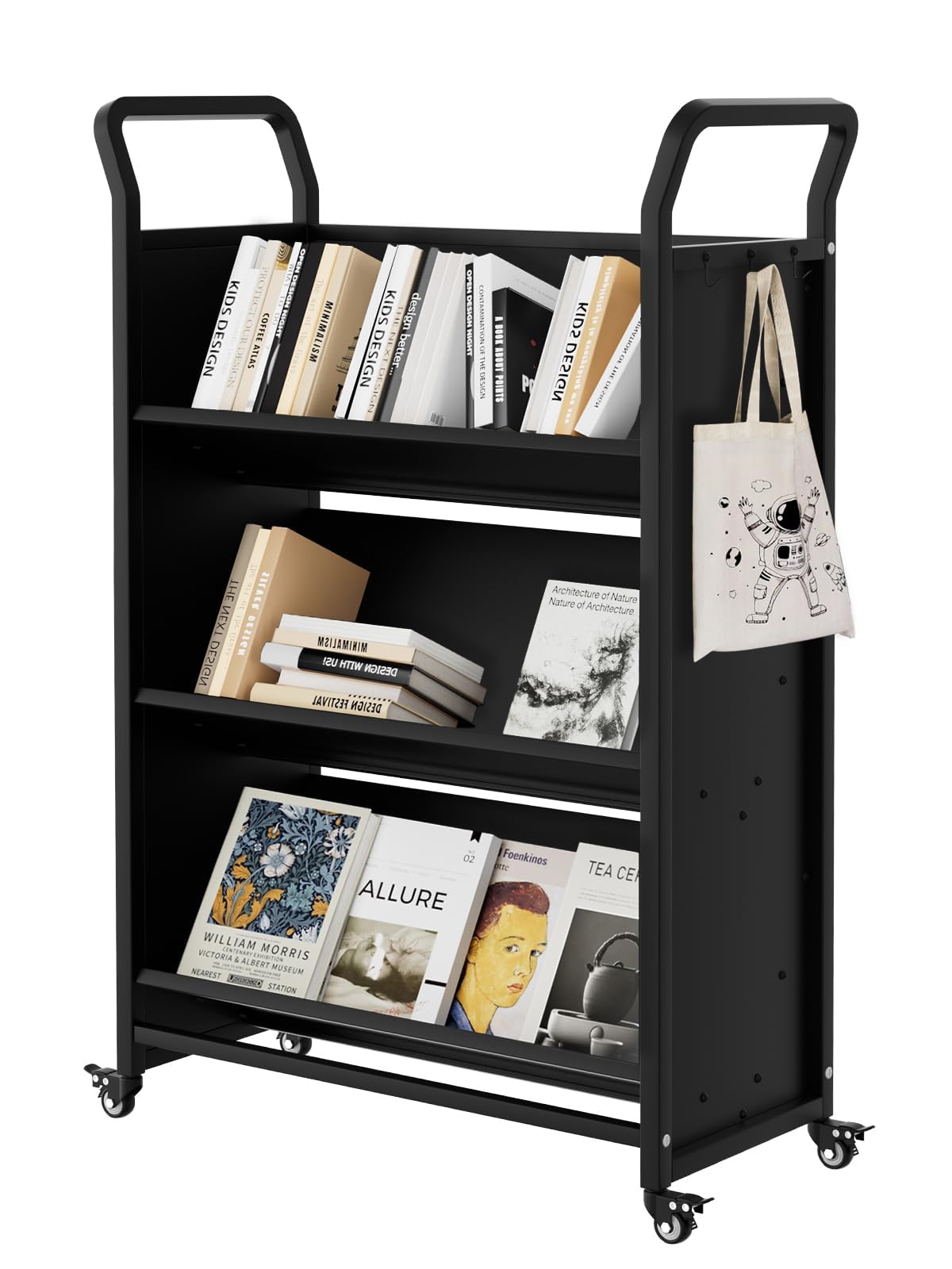 Garvee Book Cart with Wheels, Heavy-Duty Mobile Bookshelf Organizer, Single Sided V-Shaped Rolling Library Cart with Locking Casters for Office, School &amp; Home, Black