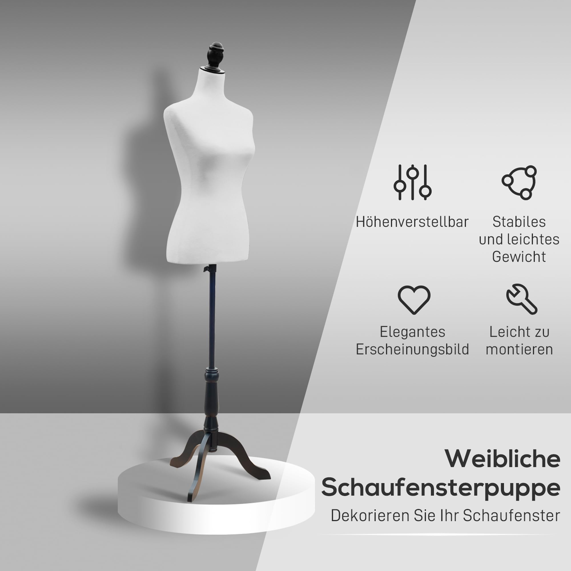 HOMCOM Schneiderpuppe Verstellbar Damenbüste für Damenkleidung Weiß | Weiblich, Schneiderbüste, Kleiderpuppe, Schaufensterpuppe