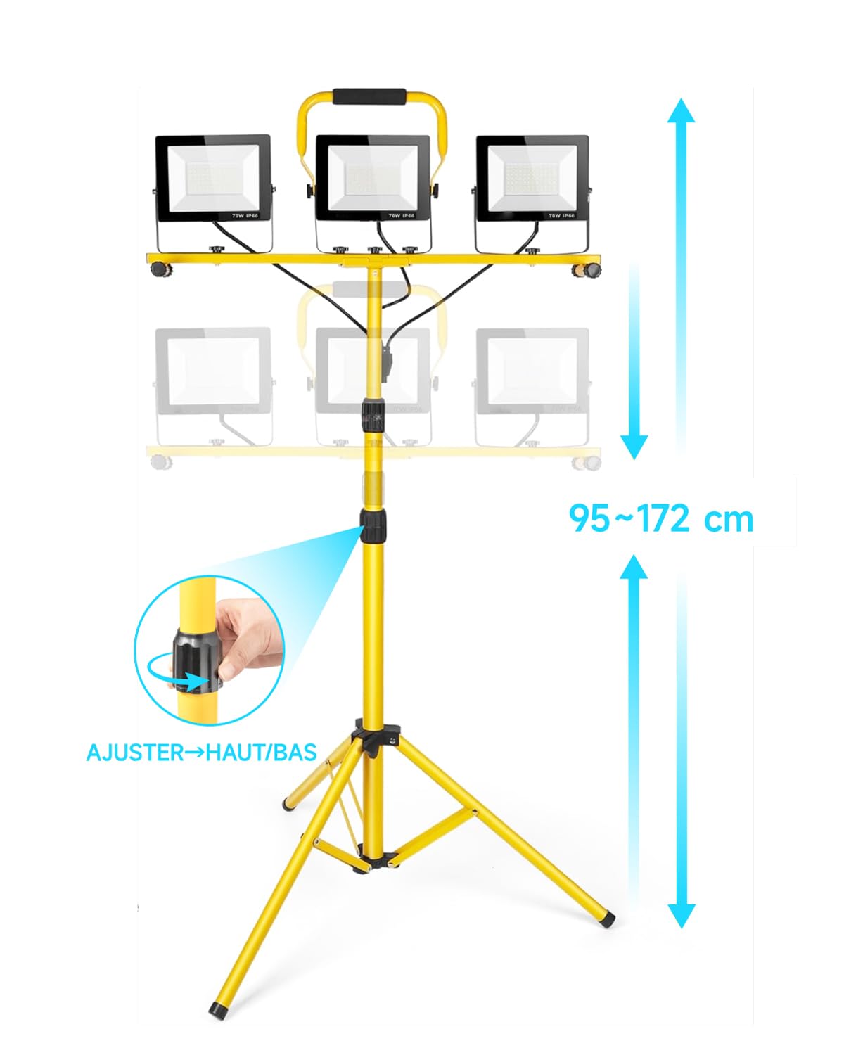 210W Projecteur LED Chantier avec Trépied, 20000LM, 3 Têtes Orientables, Câble 5m, IP66 Étanche, Lampe de Travail Pliable pour Extérieur, Chantier, Réparation Auto & Urgences