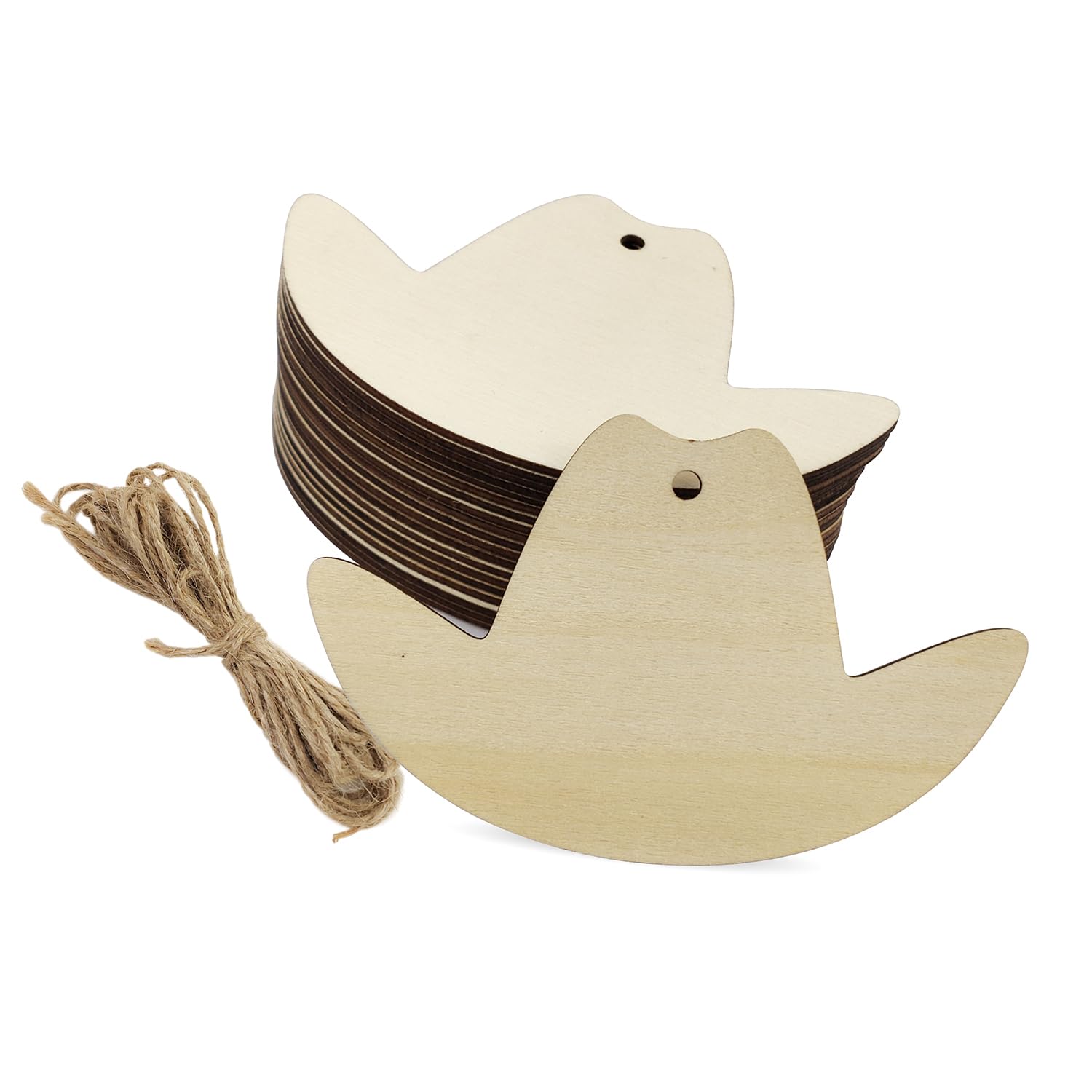 30 Natural Wooden Cowboy Hat Tags with Ropes - Unfinished Wood Hanging Cutouts