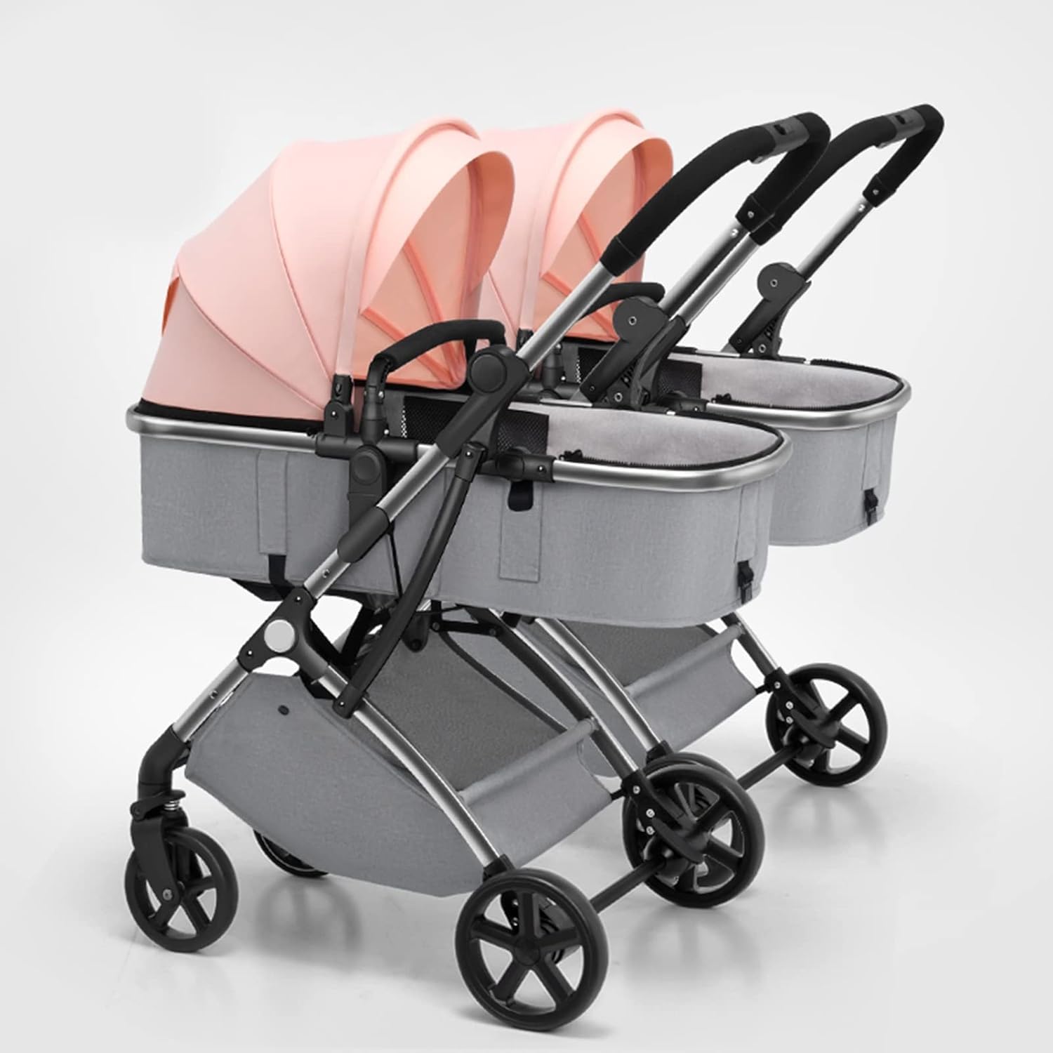 Poussette Tandem Pliable à Double siège - Poussette Double pour bébé - Réversible - Facile à Plier - Protection UV - Auvent de Poussette Tout Terrain séparable - Gris Rose
