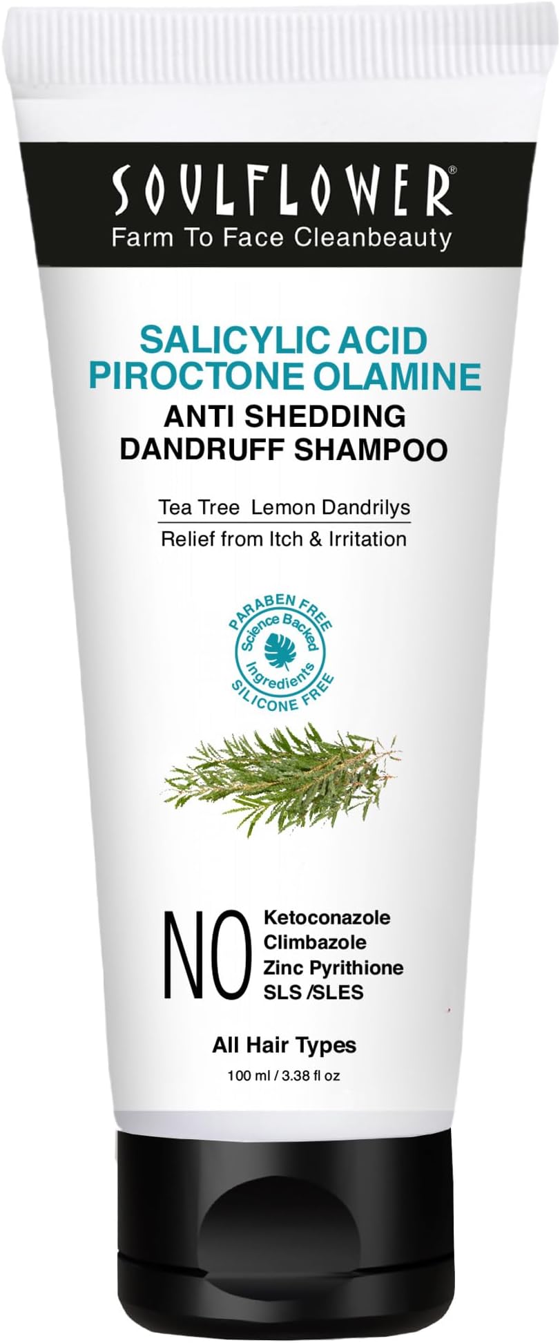 Soulflower Anti Dandruff Shampoo with Piroctone Olamine, 1% Salicylic Acid, Dandrilys -86% Dandruff Reduction in 4 washes* for Hair Growth, Hair Fall Control, Controls Itchy scalp Men & Women, 100ml