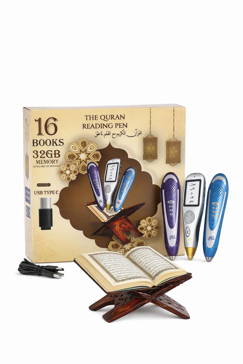 Quran Reading Pen with 16 Books, 32GB Memory, Bluetooth, Word by Word Recitation, Tajweed Colour Coded, Multi-Language Translation, USB Type-C