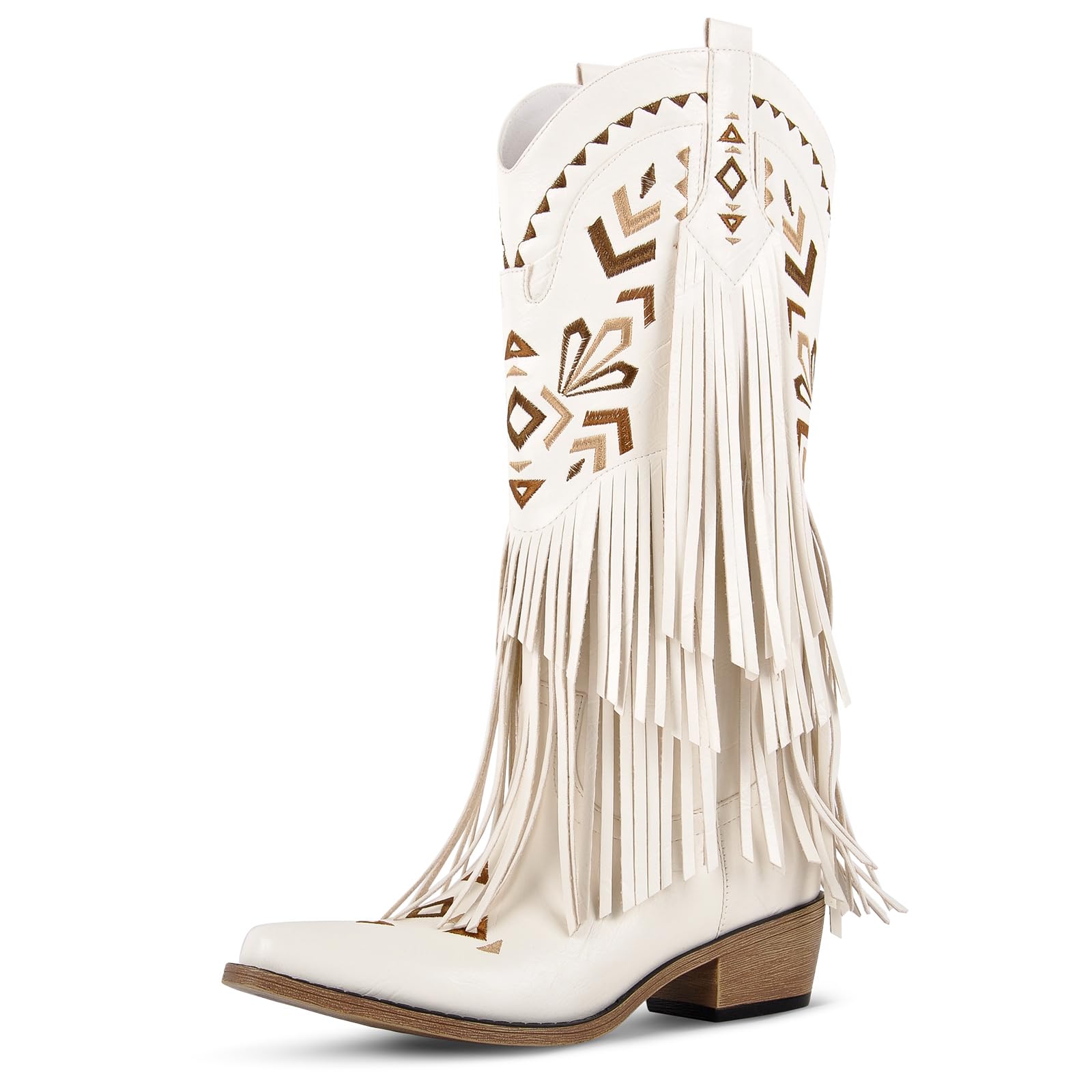 onlymaker Women's Fringe Cowgirl Boots – Chunky Heel Cowboy Knee High Boots with Embroidered Snip Toe