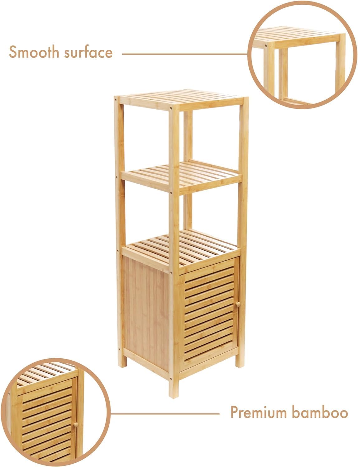 RoyalHouse Bamboo 3-Tier Floor Organizer with Shutter Door, Freestanding Storage Tower for Bathroom, Bedroom, Kitchen, Laundry Room – Eco-Friendly Natural Bamboo