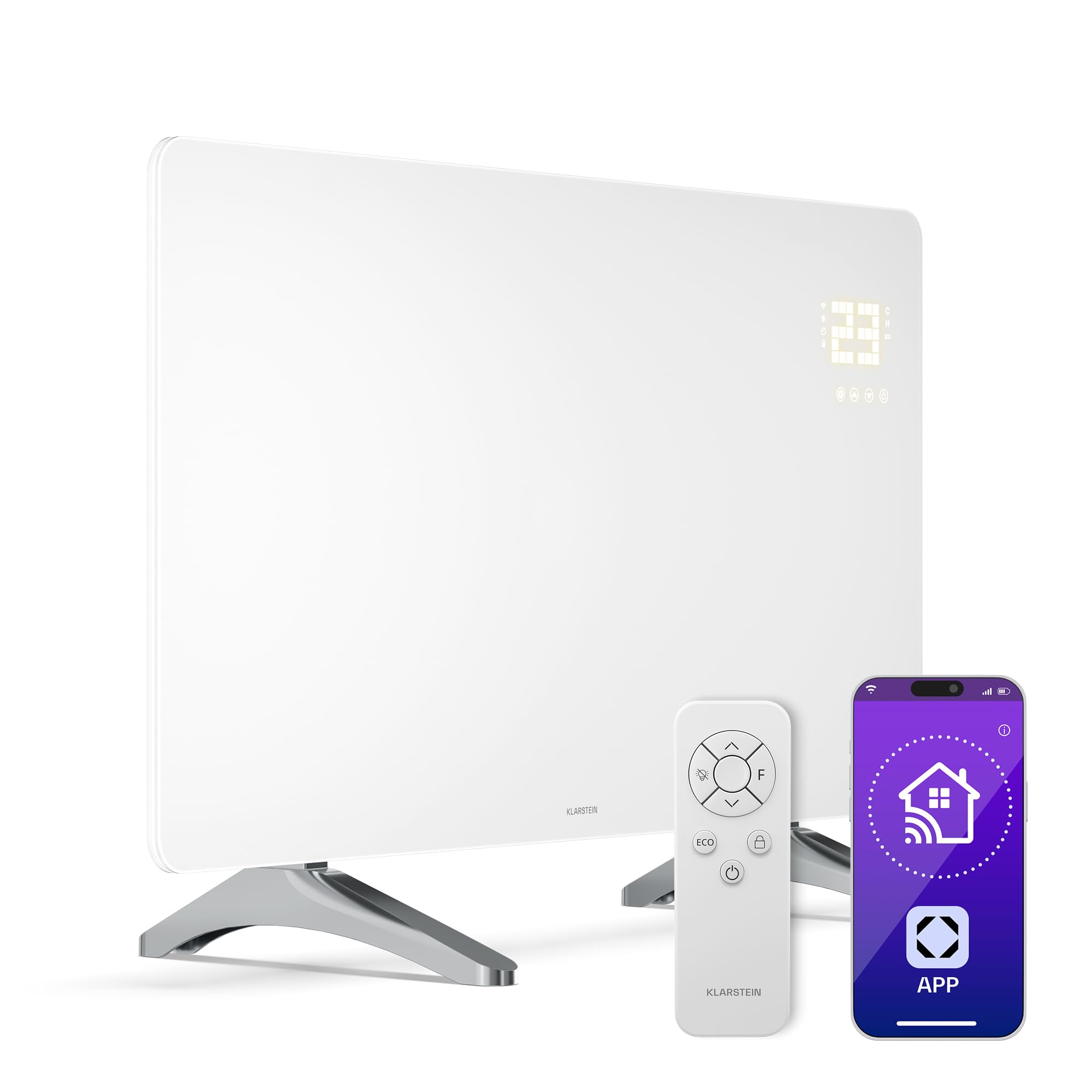 Klarstein Infrarotheizung 480W – Wandmontage & Standgerät, Thermostat, App-Steuerung, IP43, Glas-Design, Überhitzungsschutz, für Bad & Wohnzimmer, elektrische Wandheizung, Weiß