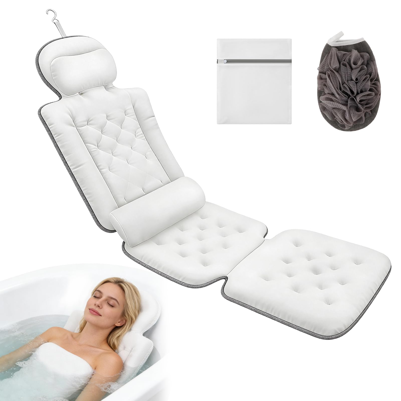 Coussin de bain épais pour baignoire, avec 192 ventouses, coussin épais avec soutien du cou, du dos et des lombaires, coussin de bain épais avec sac à linge (blanc Pro)