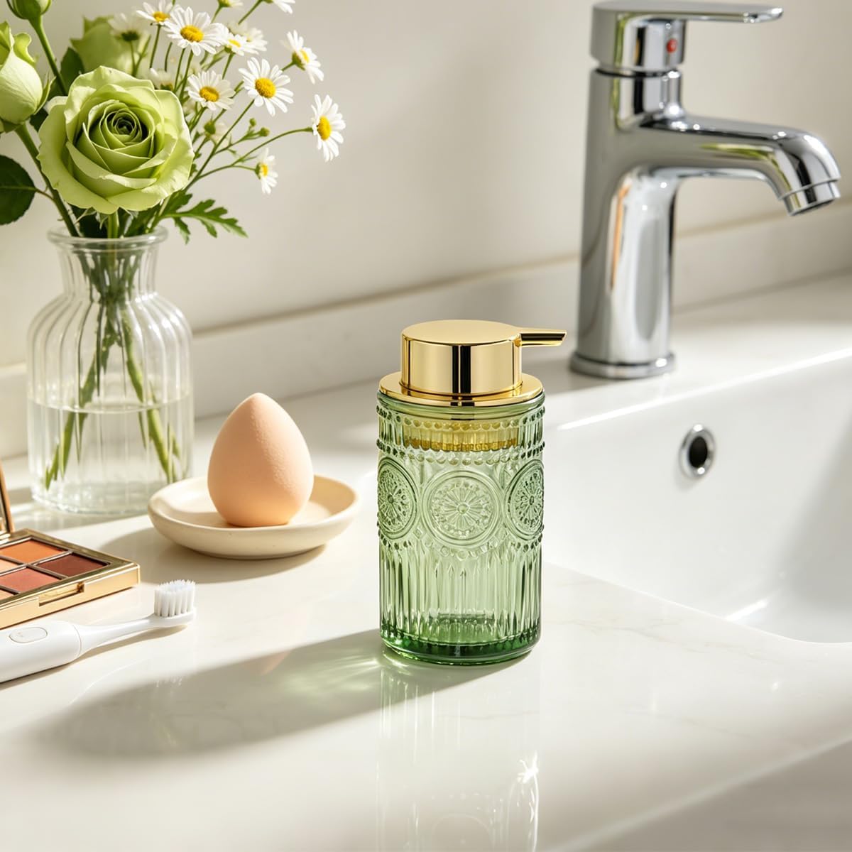 Glass Foaming Soap Dispenser, Green Refillable 11 Oz Foam Soap Dispenser for Bathroom and Kitchen, Vintage Floral Hand Soap Container Foam Gold Pump Bottle for Decor