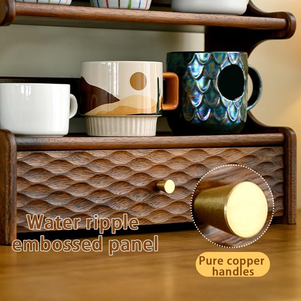 Multi-layer Solid Wood Cup Holder, Rustic Mug Shelf with Carved Drawers, Coffee Bar Accessories with Copper Handles, Open Countertop Storage for Kitchen, Living Room
