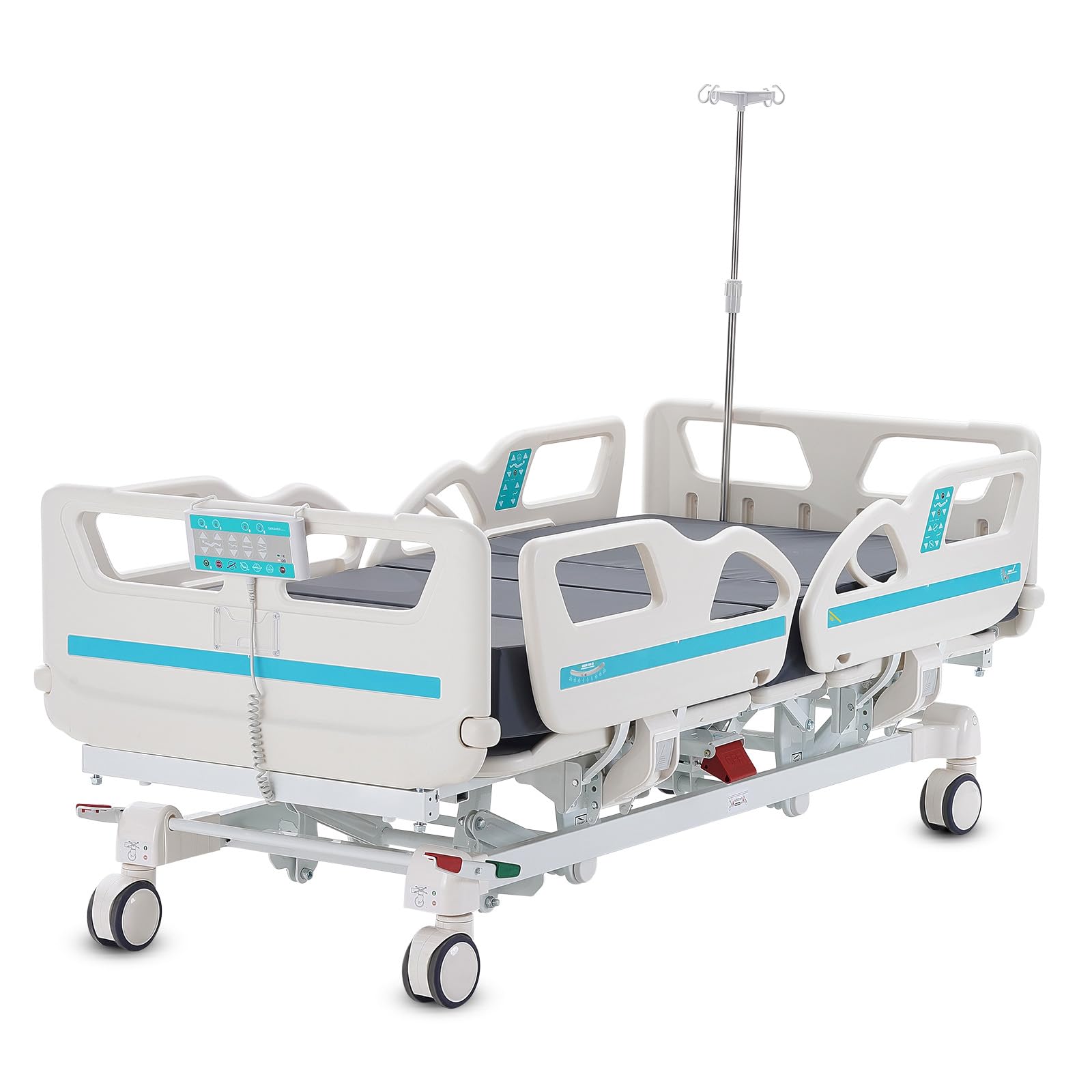 Happybuy Premium 5 Function Full Electric Hospital Bed,ICU Electric Medical Bed with Cardiac Chair Position, Trendelenburg & Reverse Trendelenburg, 5-Inch Locking Casters for Home Hospital Use, 550LBS