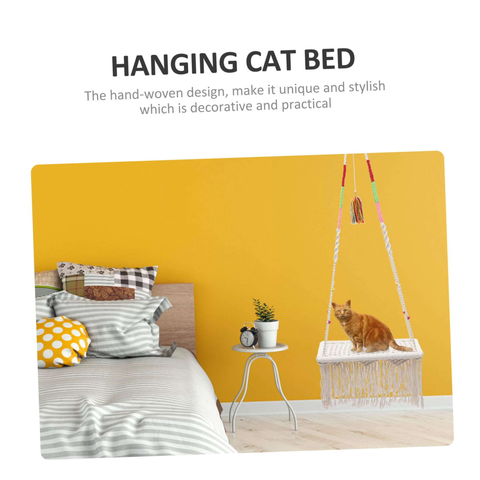 Veemoon Amaca per Gatti Sospesa in Corda di Cotone Beige, Decorativa e Facile da Lavare, Design Bohemien Intrecciato a Mano per Cuccioli e Uso Interno