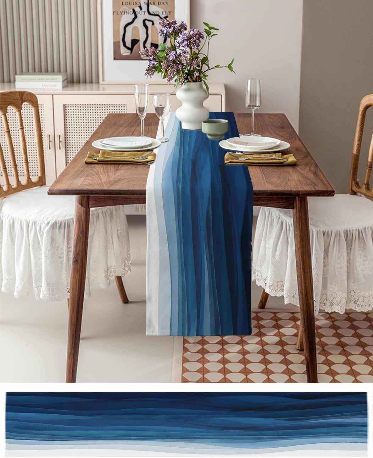 Ombre Table Runner 13x90 inch, Gradient Blue Waves Abstract Art Dinning Table Runner for Farmhouse Wedding Party Barbecue Table Decor