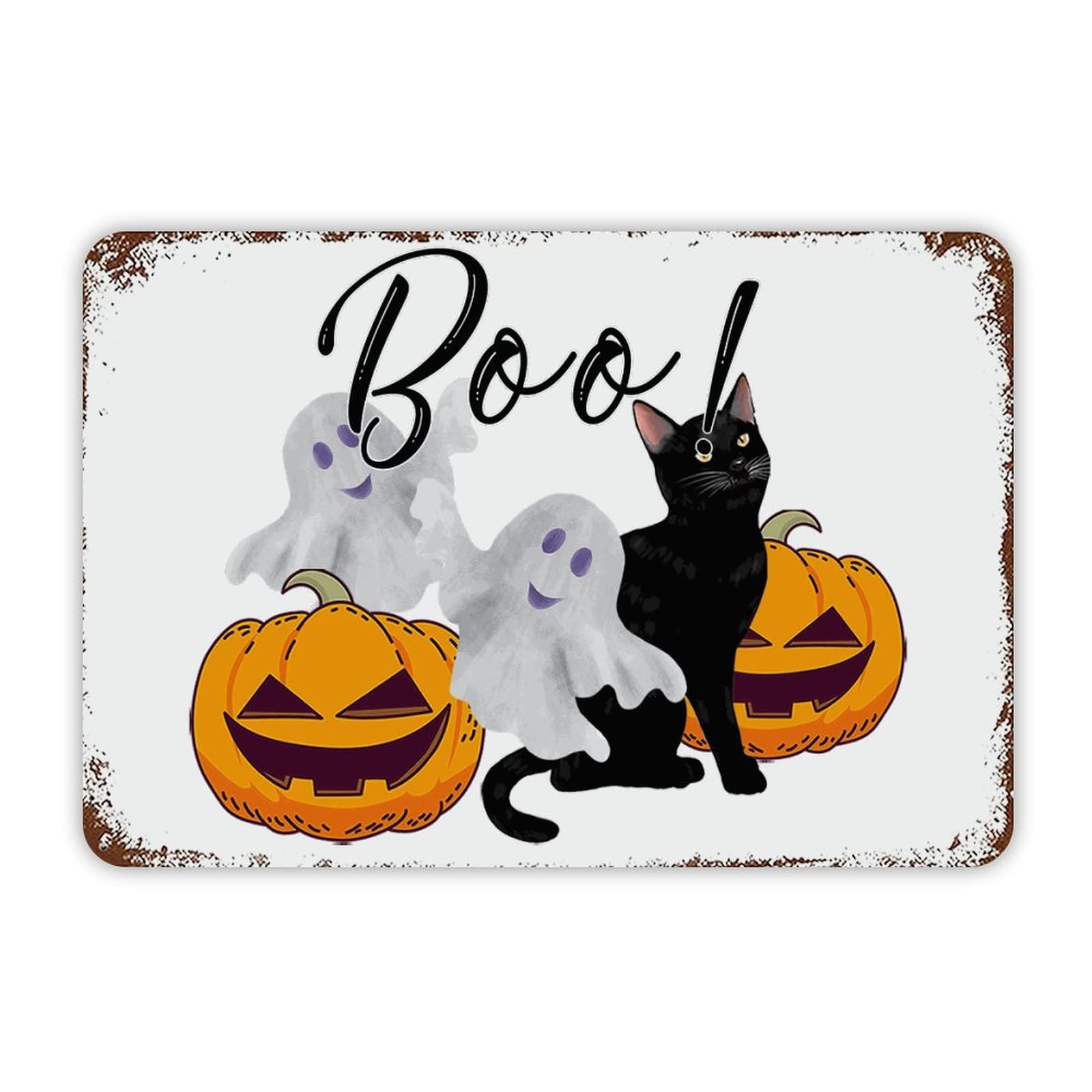 ENEDNATE Boo Halloween Cat Ghost Pumpkin Vintage Man Cave Metal Sign 8x12 Inch Decorative Aluminum Tin Sign for Indoor Outdoor Kitchen Bar Restaurant Cafe Pub Wall Art Decor Hanging Poster