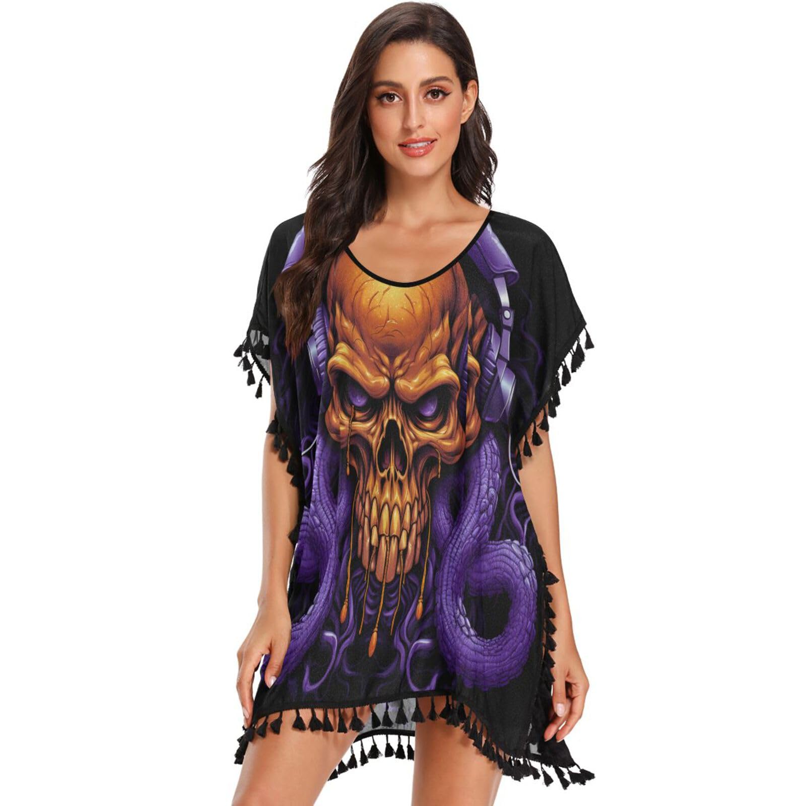 Purple Sea Octopus Art Women's Beach Cover Up Chiffon Tassel Swimwear Swimsuit Coverups for Girl