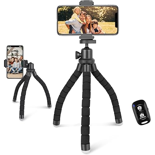 Aureday Cell Phone Tripod Stand, Flexible Travel Tripod with Remote and Mount,Small Cellphone Tripod for iPhone＆Android Phones,Cameras,Gopro,Webcam(Sponge)