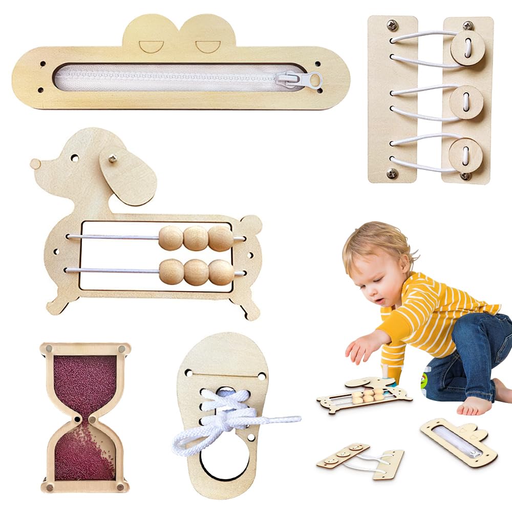 Dhqkqg Busy Board Zubehör, 5 Stück Hölzernes Busy Board,DIY Praktische Fähigkeiten Lernspielzeug,DIY Material Früherziehung Spielzeug,Sensorik Spielzeug Geschenk für Mädchen Junge