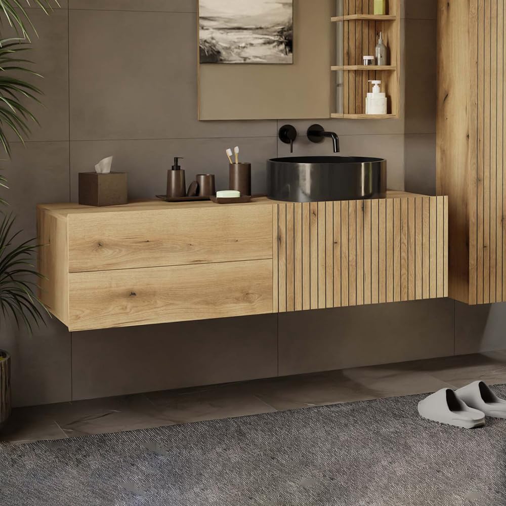 ARREDO DA CASA Mobile Bagno Sospeso 140 cm, Mobile Lavabo per Bagno Moderno, Anta a Ribalta Cannettata, 2 Cassetti Soft Close, per Lavabo d’Appoggio, Rovere Antico MLBT3