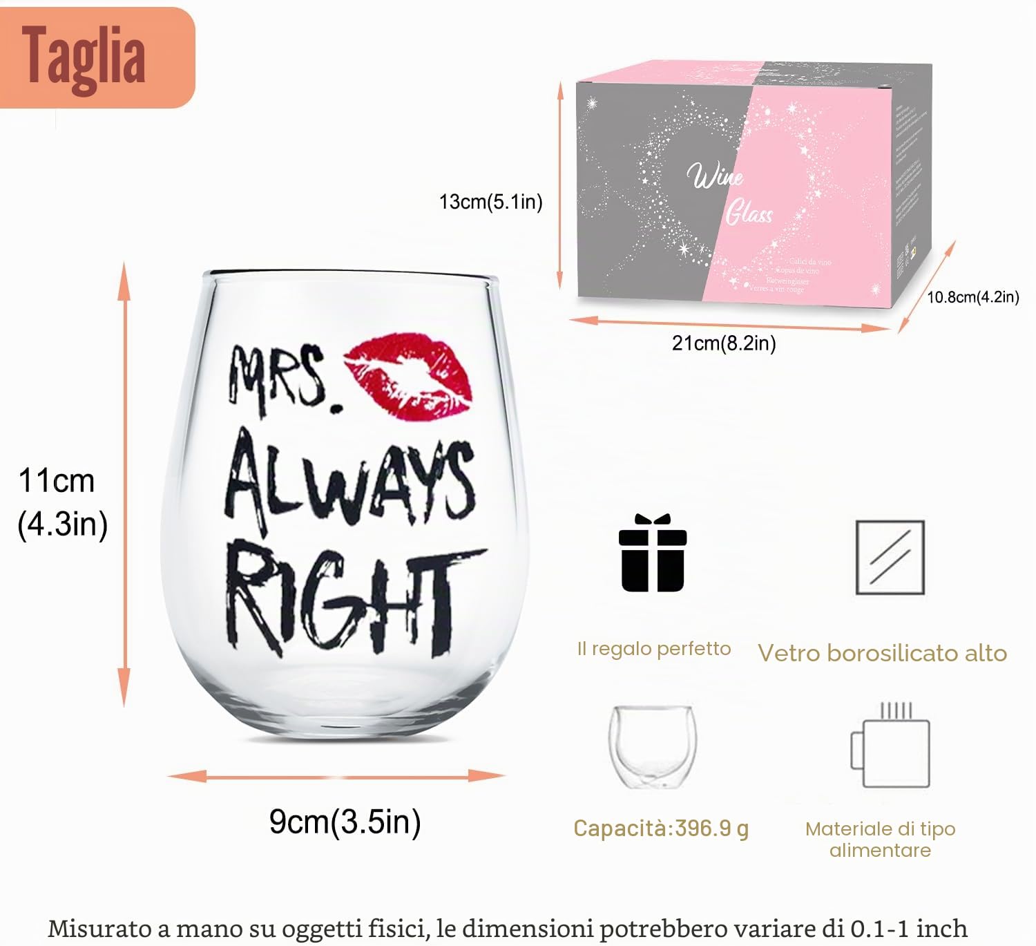 Mr Right Bicchieri da coppia di vino 14 once Calice da vino in cristallo senza stelo Set di tazze, Tazza da matrimonio per gli sposi per coppia Anniversario, Fidanzamento, Natale San Valentino