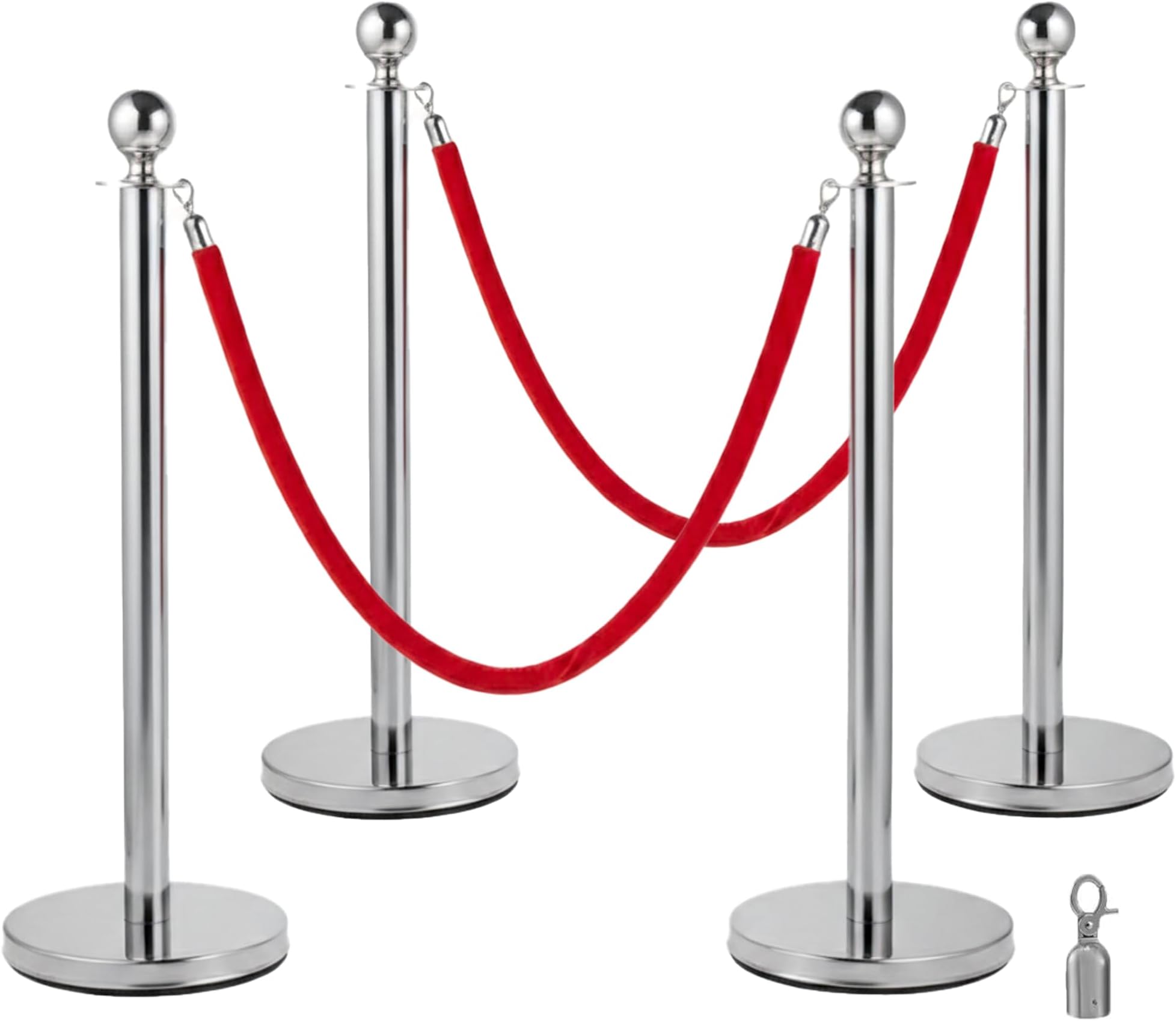 Queue Barrier Posts Silver Stanchions with 1.5M Red Velvet Rope – Premium Crowd Control Divider for Hotels, Malls, Airports, Theaters, Banks, Events & VIP Exhibitions (4 Pieces)