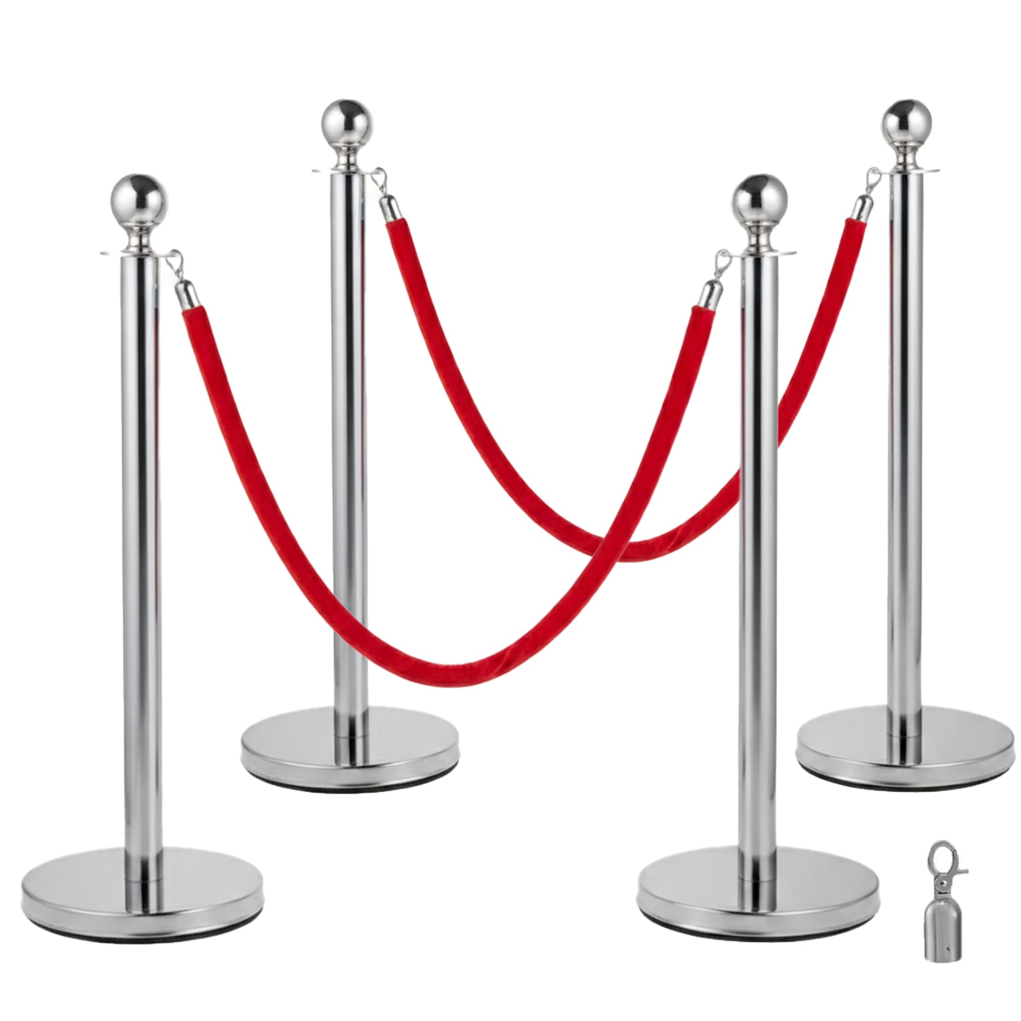 Queue Barrier Posts Silver Stanchions with 1.5M Red Velvet Rope – Premium Crowd Control Divider for Hotels, Malls, Airports, Theaters, Banks, Events & VIP Exhibitions (4 Pieces)