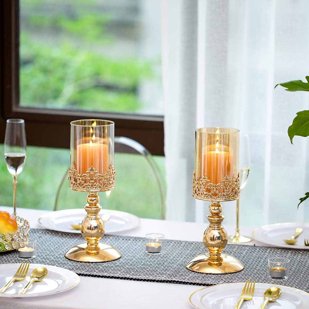Candelabros de Pilar con Vidrio, Juego de 2 Candelabros Oro para Huracanes Regalos para la Decoración del Hogar, Candelabro para el Aniversario Bodas Centros Mesa para Fiestas Casa, Tamaño Pequeño