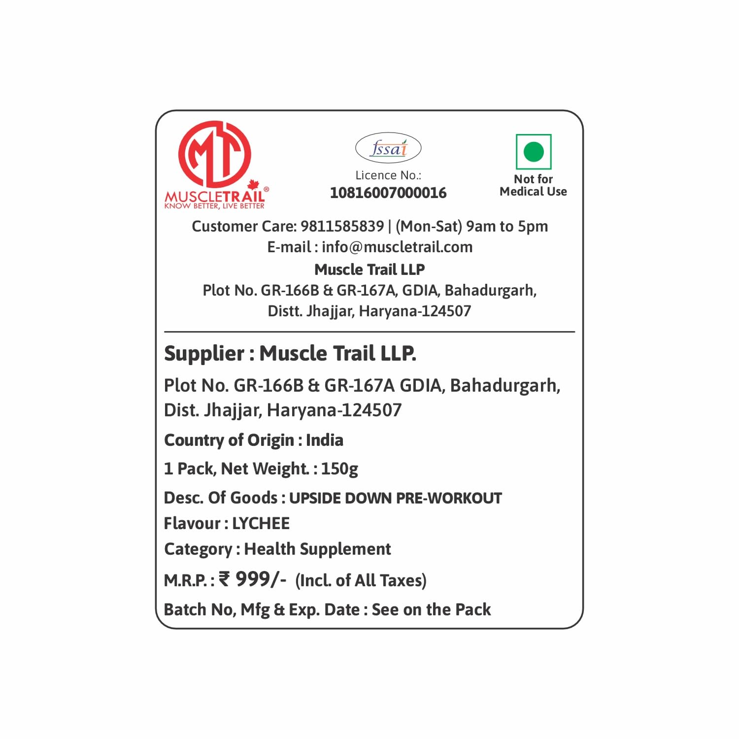 Muscle Trail Upside Down Pre-Workout Supplement, Lychee Flavour | Caffeine | Theanine | Alanine | Citrulline (150g) — Amazon image 9