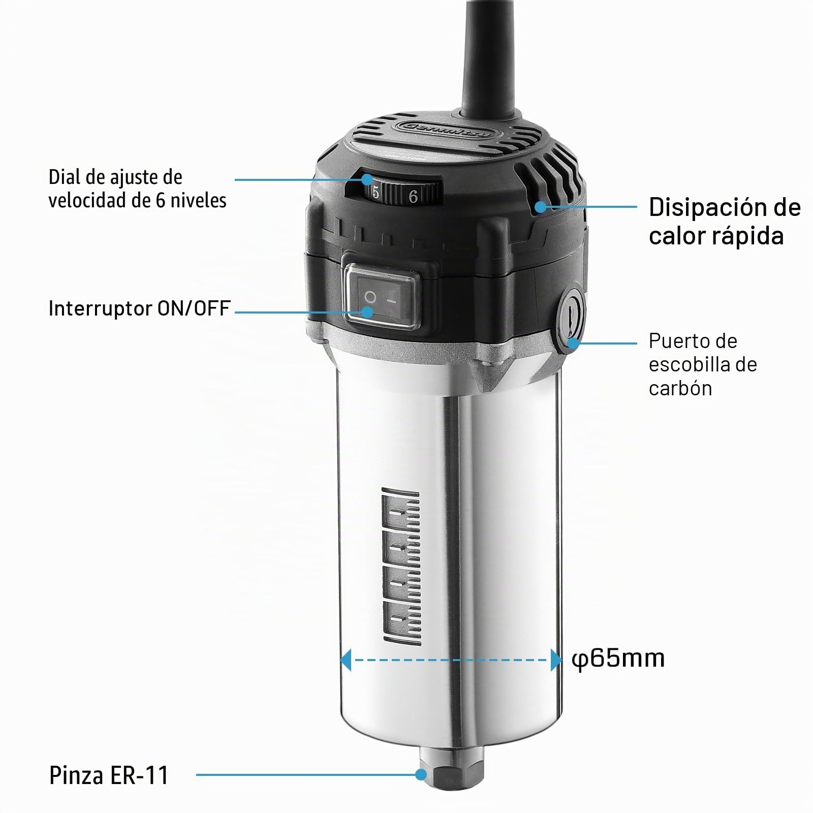 SainSmart Enrutador Compacto 710 W de 65 mm de diámetro, 6 velocidades variables, desmoladora portátil, equipada con pinza ER11 y 4 escobillas de carbón
