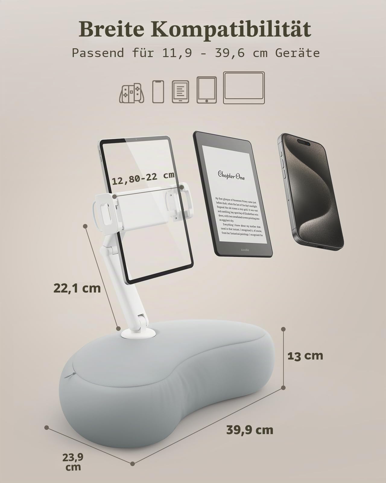 SAIJI Tablet Kissen Halter, 360° Verstellbarer Kindle Halter ipad Halterung Bett mit flexiblem doppelachsigem Arm, Tablet Halterung für iPad, iPhone, Kindle und alle Geräte von 4,7"-15,6"（Grau）