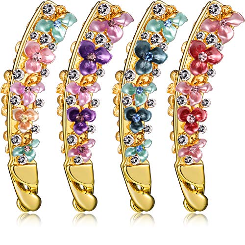 4 Pieces Floral Rhinestone Banana Hair Clip Claw Ponytail Holder Colorful Flower Metal Hair Banana Clincher Maker Styling Clasps Hair Accessories for Women Girls