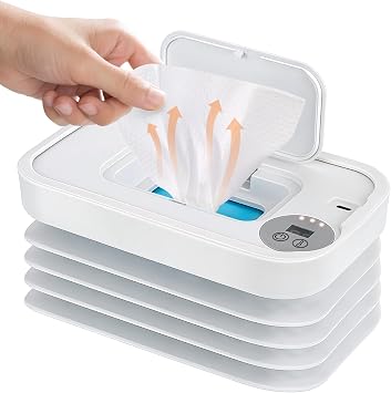 Baby Wipes Warmer, 3 Adjustable Temperature, USB Powered Heated Wipes Dispenser with Night Light and Display, Folding Design, Portable Wipe Warmer for Home Outdoor Travel White