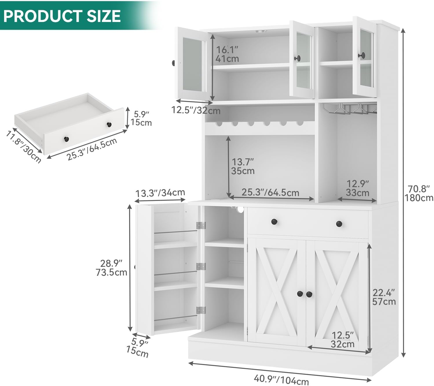 YITAHOME 71''H Kitchen Pantry Cabinet, Tall Cabinet with Drawer, Doors, Goblet Holder, Wine Rack & Power Outlet for Kitchen, Living Room (White)