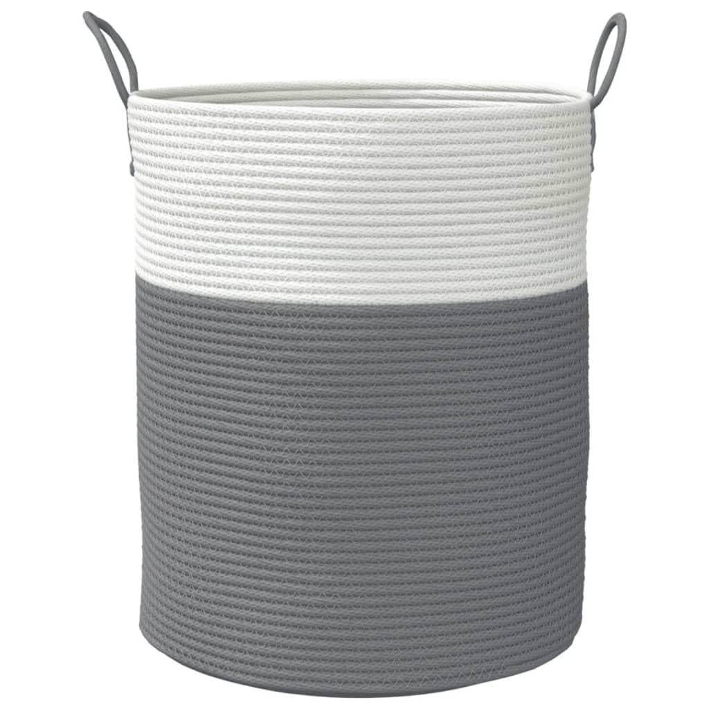 Aufbewahrungskorb Grau Weiß aus Baumwolle Ø38x46 cm geflochten, faltbar mit Griffen, vielseitig für Wäsche Spielzeug Kleidung, robust und atmungsaktiv für Wohnzimmer Schlafzimmer Bad