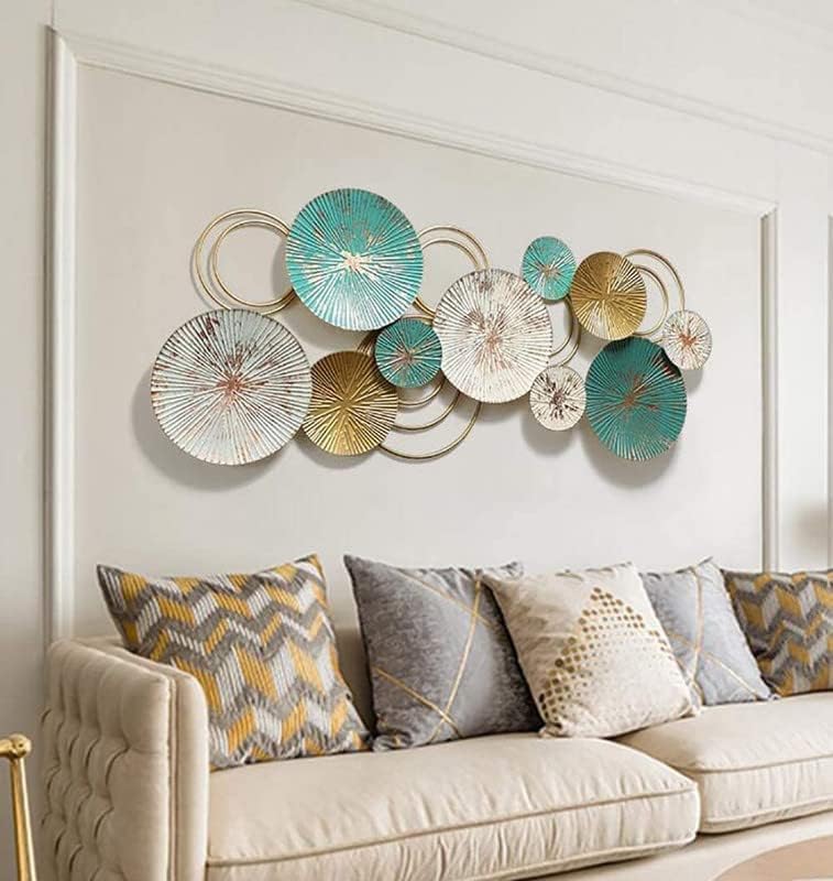Image of URBAN INSPIRATIONS LARGE METAL WALL ART - PREMIUM HANDCRAFTED ANTIQUE GOLD & TURQUOISE GREEN CIRCLE DESIGN | MODERN HOME WALL DECOR FOR LIVING ROOM, BEDROOM, OFFICE, HALL, HOTELS & CAFES | IRON DECORATIVE PIECE 46X19 INCH