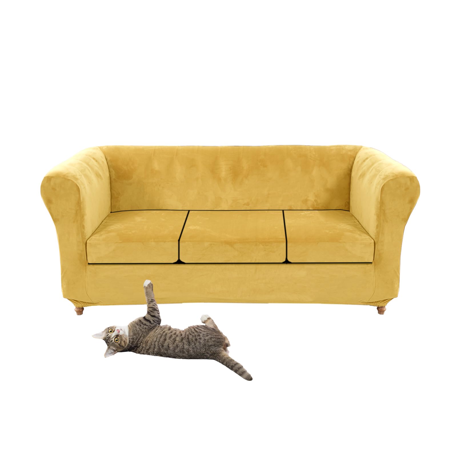 SYLC Stretch Velvet Chesterfield Sofa Cover, Couch Cover with Seat Cushion for Curved Settee Armchair Vintage Style (Lemon, Sofa+3 Large Seats)